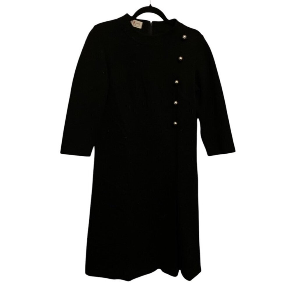 Vintage Black Wool Fitted Dress With Gold Buttons